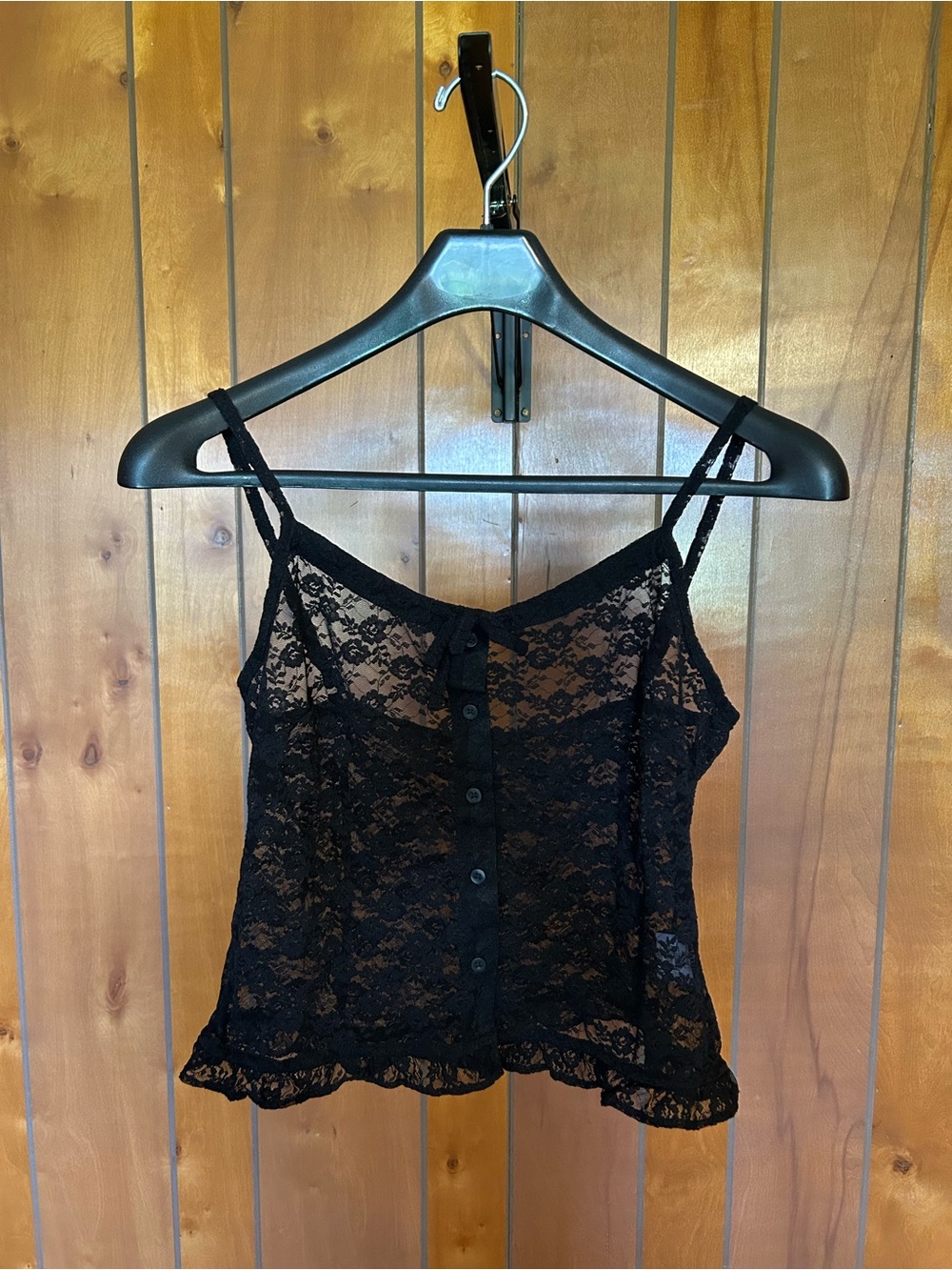 Brandy Melville Lace Tank Women One Size Black NWT Sheer Button Front Ruffle